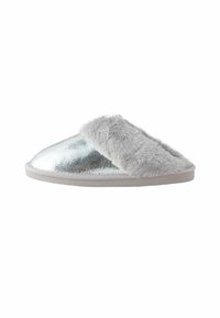 Silver metallic slip-on slipper with a plush gray fur strap, rounded toe, and a light gray textured sole. Suitable for indoor use.