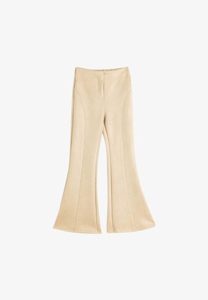 Beige udvidede bukser lavet af blødt materiale med en glat tekstur, der har konturseams og bred skæring i bunden.