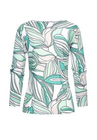 T-shirt à manches longues présentant un motif de feuilles en vert et blanc, fabriqué en tissu léger avec une texture lisse et un col rond.