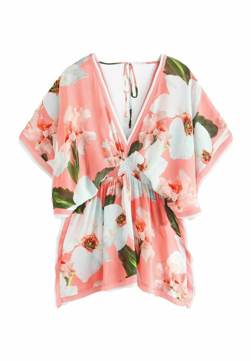 Rózsaszín virágmintás tunika, nagy fehér és zöld virágmintákkal. V-nyakú kialakítás, állítható kötővel a hátsó részen. Könnyű anyag.