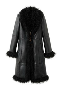 Palton din piele neagră cu un guler și manșete din blană neagră pufoasă, design drept și închideri cu toggle din lemn. Include două buzunare laterale.