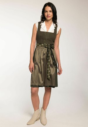 Dirndl dress featuring a fitted bodice in dark green fabric with floral embroidery, a flared satin skirt, and a matching decorative ribbon.