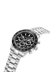 Orologio cronografo Cerruti con quadrante rotondo nero, cassa in acciaio inossidabile color argento e bracciale. Presenta tre sotto-quadranti e una finestra per la data.