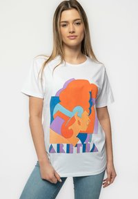 White cotton t-shirt featuring a colorful graphic design of overlapping shapes and a woman's profile, with "ARETHA" printed at the bottom.