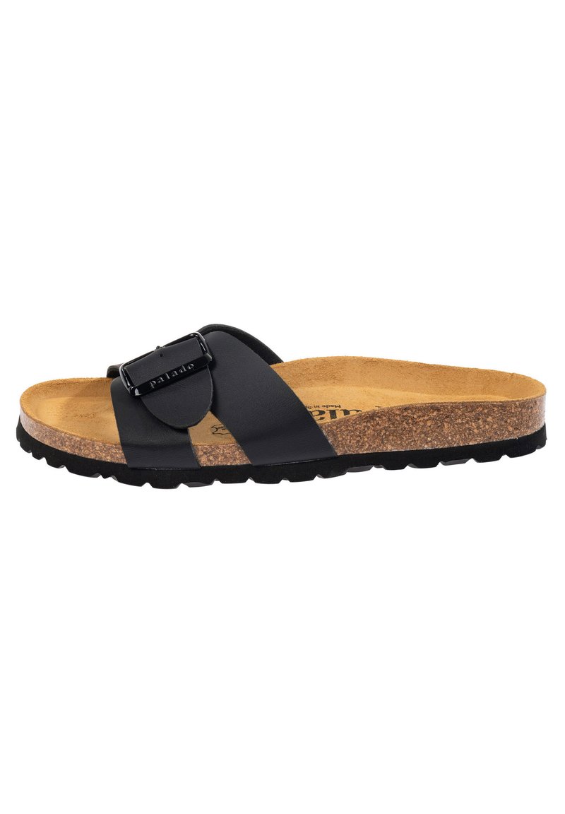 Zwarte slide sandaal met een kurken voetbed, voorzien van twee zwarte banden en een glanzende gesp. Textuur rubberen zool voor grip en comfort.