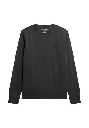 Zwarte longsleeve crewneck sweatshirt met klein geborduurd Superdry-logo op de borst en ribbelboorden en onderrand.