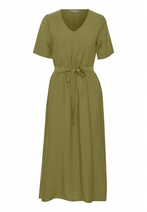 Alyvuogių spalvos suknelė, pagaminta iš lengvos medžiagos, su V formos iškirpte, trumpomis rankovėmis, juosmeniu surišamu dirželiu ir laisvai krentančia iki kulkšnių ilgio sijonu.