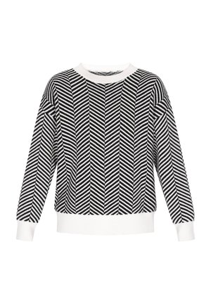 Schwarz-weißer Pullover mit Fischgrätenmuster, Rundhalsausschnitt und gerippten Bündchen und Saum. Hergestellt aus einem strukturierten Strickstoff.