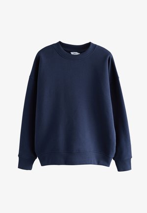 Marineblaues Sweatshirt aus weichem Stoff, mit Rundhalsausschnitt, überschnittenen Schultern sowie gerippten Bündchen an Ärmeln und Saum. Schlichtes Design, ohne Muster.