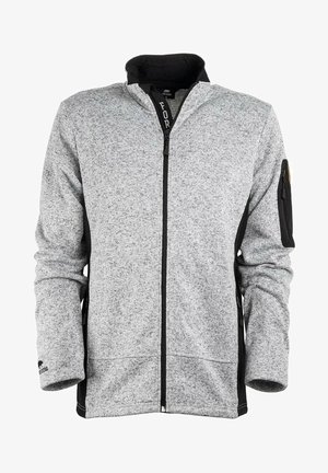 Giacca zip-up grigio chiaro con finitura testurizzata, dettagli neri, colletto alto e tasca con zip sul braccio sinistro.