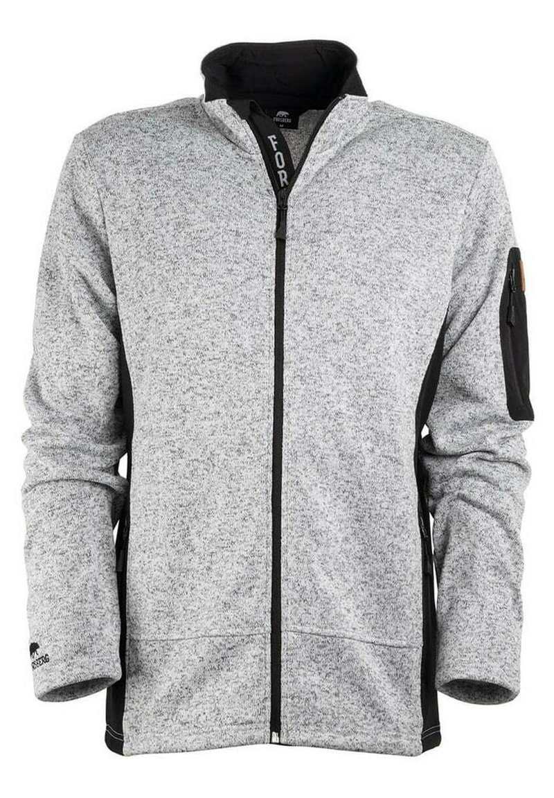 Hellgraue Zip-Jacke mit strukturiertem Finish, schwarzen Akzenten, hohem Kragen und einer mit Reißverschluss versehenen Tasche am linken Arm.