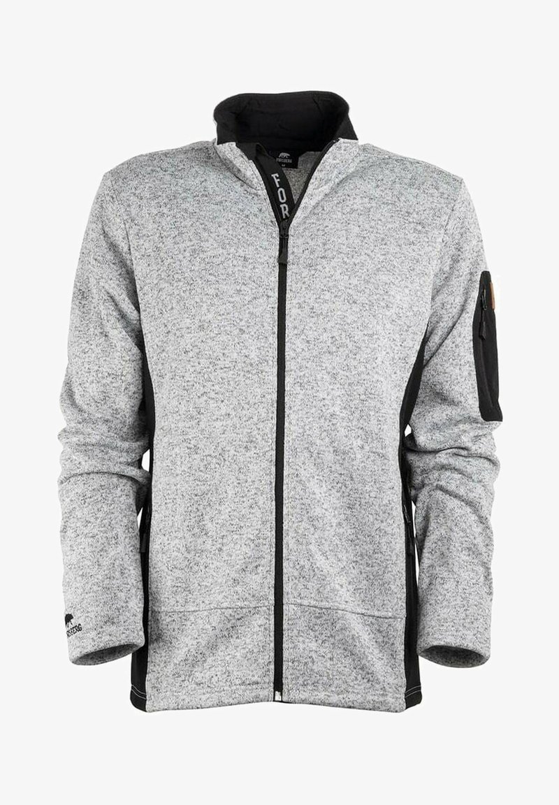 Hellgraue Zip-Jacke mit strukturiertem Finish, schwarzen Akzenten, hohem Kragen und einer mit Reißverschluss versehenen Tasche am linken Arm.