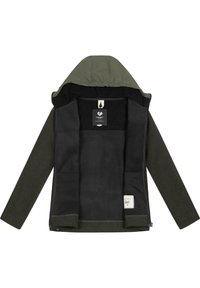 Hooded jacket in dark green, featuring a zip front, soft black interior lining, and two side pockets. Ribbed cuffs and hem detail.