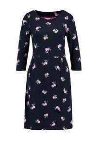 Marinblå klänning med trekvartsärmar, med ett blommönster av rosa och gula blommor, samt en rynkad midja för en avslappnad passform.