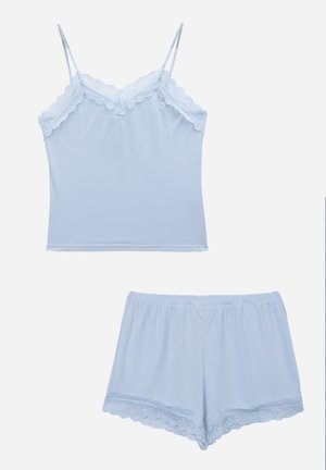 Light blue camisole with lace trim and adjustable straps, paired with matching lace-hemmed shorts. Soft, smooth texture.