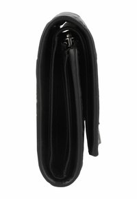 Portefeuille en cuir noir avec une texture lisse, design plié, garniture en argent et intérieur contrastant. Forme compacte et élégante pour un rangement facile.