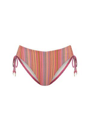 Gestreepte bikini onderkant in roze, oranje en groen, met strikjes aan elke zijkant en gouden accenten. Gemaakt van rekbare stof met een zachte textuur.