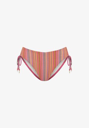 Gestreepte bikini onderkant in roze, oranje en groen, met strikjes aan elke zijkant en gouden accenten. Gemaakt van rekbare stof met een zachte textuur.