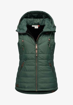 Chaleco acolchado sin mangas de color verde con cremallera frontal, dos bolsillos con cremallera y capucha ajustable con cordones y cuentas metálicas decorativas.
