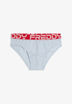 Biancheria intima in cotone azzurro chiaro con un elastico rosso in vita con la scritta "FREDDY" in lettere maiuscole. Progettata per una vestibilità aderente e senza decorazioni.