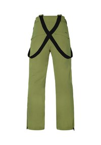 Groene sneeuwbroeken met zwarte verstelbare bretels, voorzien van twee achterzakken en ritsen bij de enkels voor gemakkelijk aan- en uittrekken.