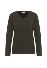 Maglia a maniche lunghe con scollo a V in verde oliva scuro. Realizzata in un tessuto misto cotone liscio con una vestibilità comoda. Design semplice e pulito.