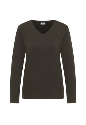 Langærmet, V-hals skjorte i mørke olivengrøn. Fremstillet af glat bomuldsblanding med løs pasform. Enkel, ren design.