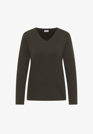 Langærmet, V-hals skjorte i mørke olivengrøn. Fremstillet af glat bomuldsblanding med løs pasform. Enkel, ren design.