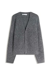Cardigan grigio in lana con scollatura a V, maniche lunghe, chiusura con bottoni e una finitura morbida e testurizzata. Nessun motivo o accento visibile.