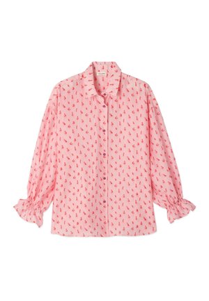 Rosa Langarmbluse mit rotem Segelbootmuster, Knopfleiste vorne, Kragen und gerafften Ärmelsäumen.