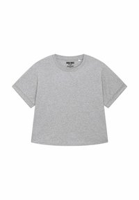 Grijze t-shirt met korte mouwen en een ronde hals. Het label "MIRA PARIS" is zichtbaar binnen de kraag. Eenvoudig en casual ontwerp.