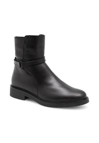 Mustad nahkse ankle'i saapad sileda viimistlusega, ümarate varvaste ja külgrihmaga detailiga. Madal plokk-kand aitab tagada stabiilsuse ja mugavuse.