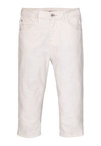 Pantalons capri en denim blanc avec fermeture à bouton, cinq poches et coupe droite. Présente une texture légère et des chevilles ourlées.