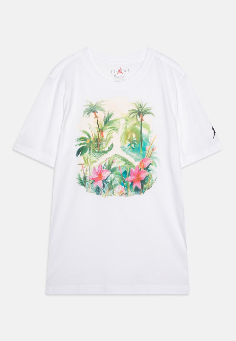 White cotton t-shirt featuring a colorful tropical floral graphic design with palm trees and pink flowers at the center; short sleeves.