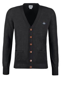 Černý cardigan s výstřihem do V, dlouhými rukávy a šesti hnědými knofl�íky. Obsahuje dvě přední kapsy a malé vyšívané logo.