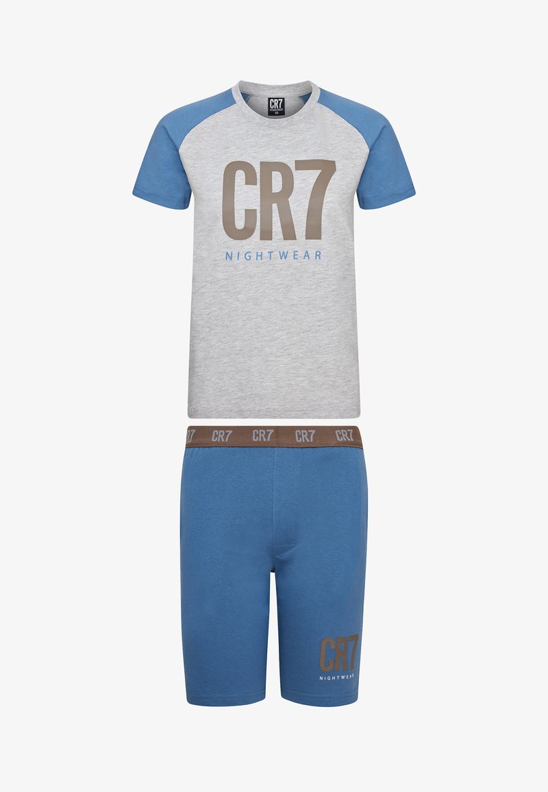 Grey and blue nightwear set featuring a short-sleeve shirt with "CR7" text and blue shorts with a brown waistband and logo.