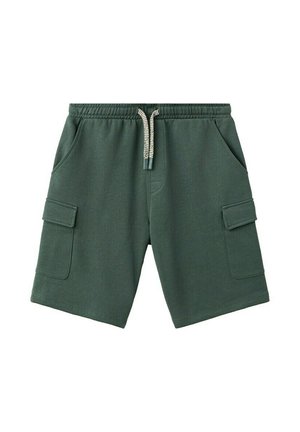 Tmavozelené cargo šortky s elastickým pásom, bielym sťahovacím šnúrkou, prednými vreckami a bočnými vreckami s chlopňou.