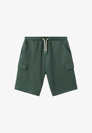 Donkergroene cargoshorts met een elastische tailleband, witte trekkoord, voorzakken en zijflapzakken.