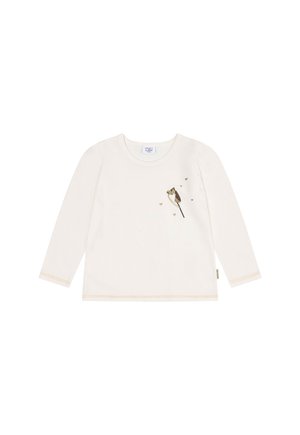 Cremfarbener Langarm-Toddler-Shirt mit einem kleinen Vogel und fünf winzigen Herzen, die auf der oberen linken Brust gestickt sind.