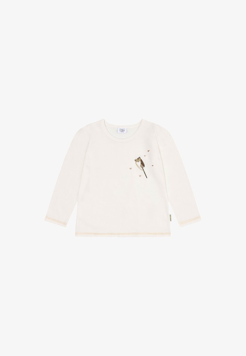 Cremfarbener Langarm-Toddler-Shirt mit einem kleinen Vogel und fünf winzigen Herzen, die auf der oberen linken Brust gestickt sind.