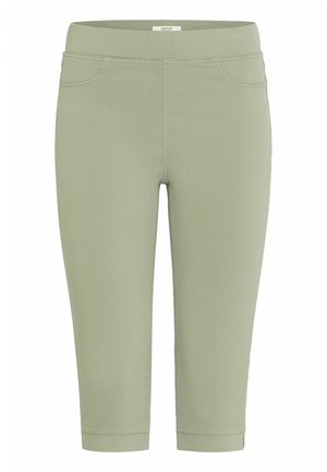 Light green capri pants made of stretchy fabric, featuring a smooth surface, two front pockets, and seams along the waist and legs.