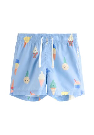 Vaaleansiniset uimashortsit, joissa on valkoinen nyöri ja värikäs koristelu hymyilevistä jäätelötötteröistä ja mehujäistä.