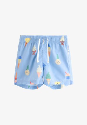 Vaaleansiniset uimashortsit, joissa on valkoinen nyöri ja värikäs koristelu hymyilevistä jäätelötötteröistä ja mehujäistä.