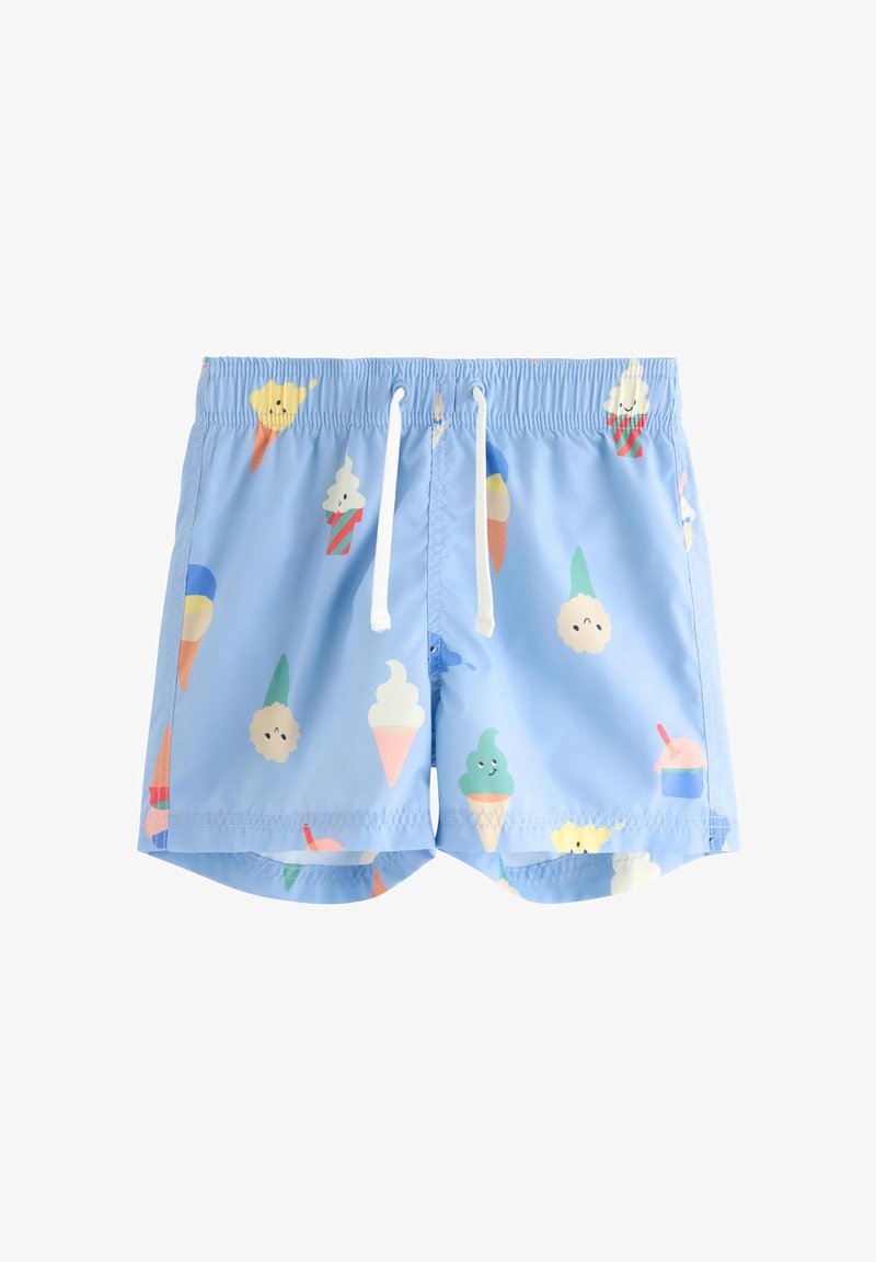 Shorts de bain bleu clair avec cordon blanc, décorés de cônes de crème glacée et de glace glacée souriants et colorés.