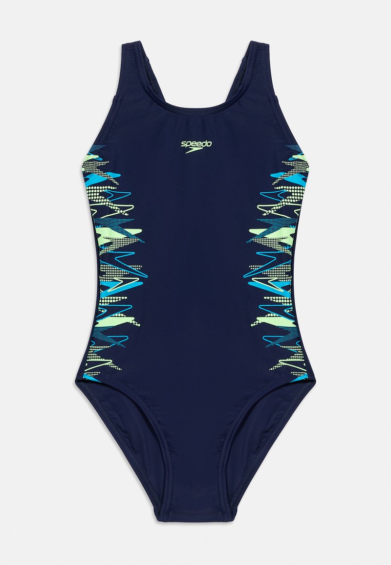 Μπλε ναυτικό ολόσωμο μαγιό Speedo με φωτεινές γαλάζιες και πράσινες ζιγκ-ζαγκ γραφικές ρίγες στα πλάγια και λαιμόκοψη σε σχήμα scoop.