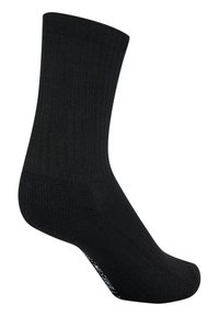 Svart knästrumpa tillverkad av ribbat tyg, med en enhetlig färg och förstärkt häl och tå. Enkelt design utan synliga mönster eller accenter.