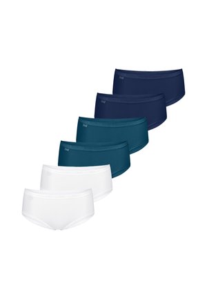 Sechs Paare Damen-Bikini-Unterwäsche in versetzter Reihe angeordnet, Farben umfassen Weiß, Dunkelpetrol und Marineblau.
