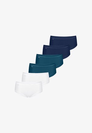 Sechs Paare Damen-Bikini-Unterwäsche in versetzter Reihe angeordnet, Farben umfassen Weiß, Dunkelpetrol und Marineblau.