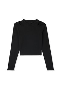 Czarny prążkowany krótki top z długim rękawem, z wycięciami na ramionach, okrągłym dekoltem i postrzępionym wykończeniem, wykonany z miękkiej, elastycznej tkaniny.