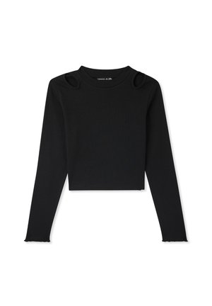 Top corto a maniche lunghe nero aCoste con aperture sulle spalle, scollatura tonda e dettaglio orlo sfilacciato, realizzato in un tessuto morbido ed elasticizzato.